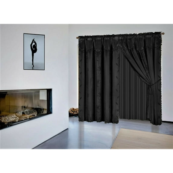 2 PANEL WINDOW CURTAIN SET (120" W X 84" L ) WITH VALANCE AND SHEER BACKING AND 2 TASSELS -FAUX SILK SHINY CURTAIN SET - ROD POCKET DRAPES LEAF FLORAL DESIGN CURTAIN , NADA BLACK