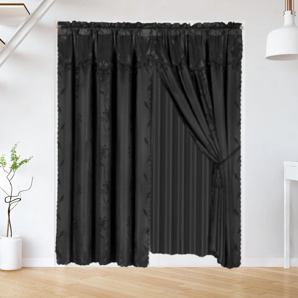 Gorgeous Home Linen 2pc Window Curtain Set 120" W X 84" L Attached Valance and Backing Sheer with 2 Tassels Rod Pocket Drape Leaf Printed Black