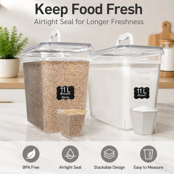 2 PC 11L (372 oz) Extra Large Flour Sugar Storage Containers with Airtight Lids and Easy Carry Handles, BPA Free Kitchen Pantry Organizers for Rice Cereal