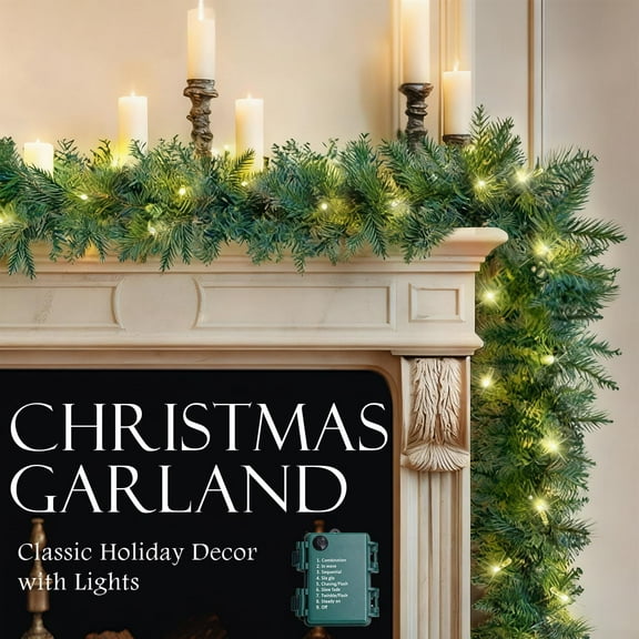 2 PC 9FT Lighted Christmas Garland, Prelit Christmas Norfolk Pine Garlands with Lights, Artificial Xmas Decorations Holiday Decor for Stairs Door Indoor Fireplace Garlands