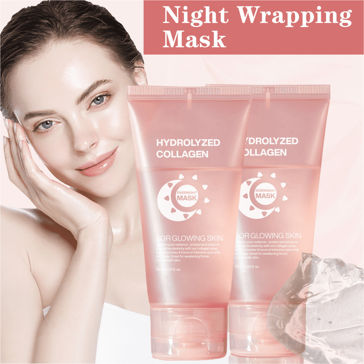 2 PC Collagen Night Wrapping Mask, Overnight Peel Off Hydrolyzed Collagen Facial Mask for
