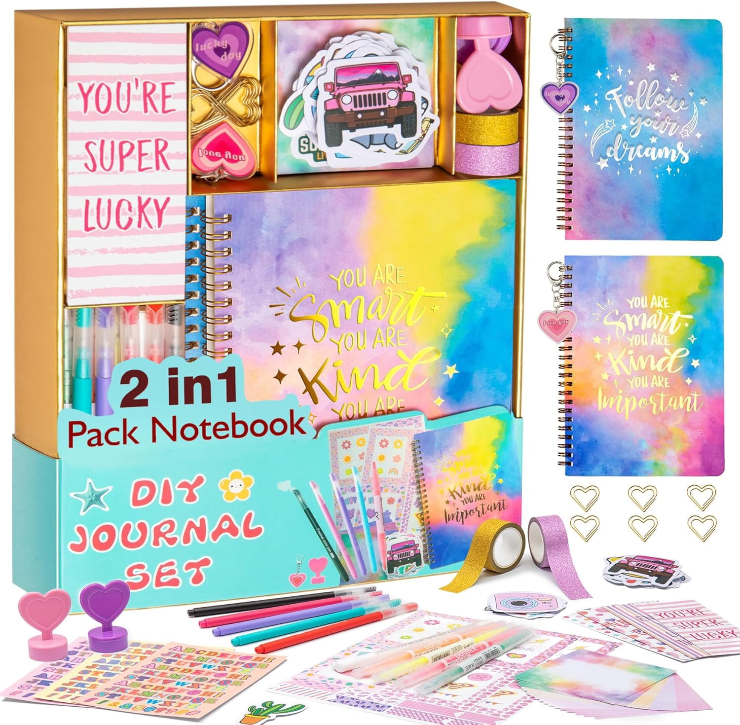 2 PC DIY Journal Kit Gifts for Girls Ages 8-14, Stationary & Diary Set with Stickers Toys for Girls,Christmas Birthday Gifts for 8 9 10 11 12 13 14 Year Old Girls, Scrapbook Art Crafts Kit for Teen