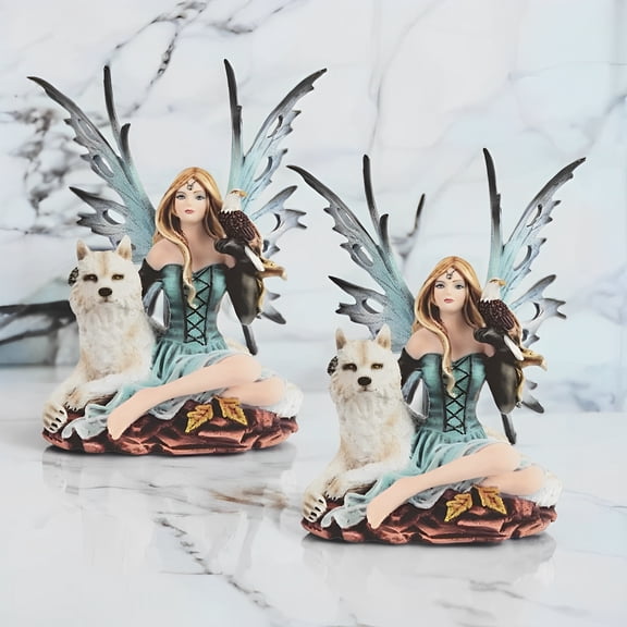 "2-PC Gift Set" 8"H Blue Fairy with Wolf and Eagle Figurine Resin Statue Sculpture for Home, Office, or Bookshelf  A Unique Collectible and Perfect Gift for Housewarmings, Holidays, and Birthdays