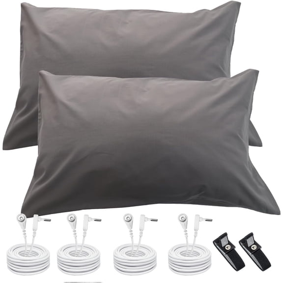 2 PC Grounding Pillowcase Cotton Pillowcases Sliver Fiber Conductive Sleep Therapy Grounding Pillowcase Pillow Cover 20 * 30 Inch Gray