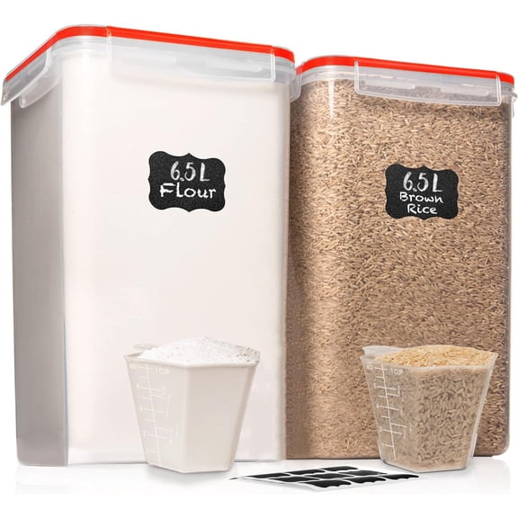 2 PC Large Food Storage Containers with Airtight Lids, 7 Qt / 6.5L / 220 Oz BPA Free Clear Plastic Kitchen and Pantry Organizer for Cereal, Flour, Sugar, Rice Storage