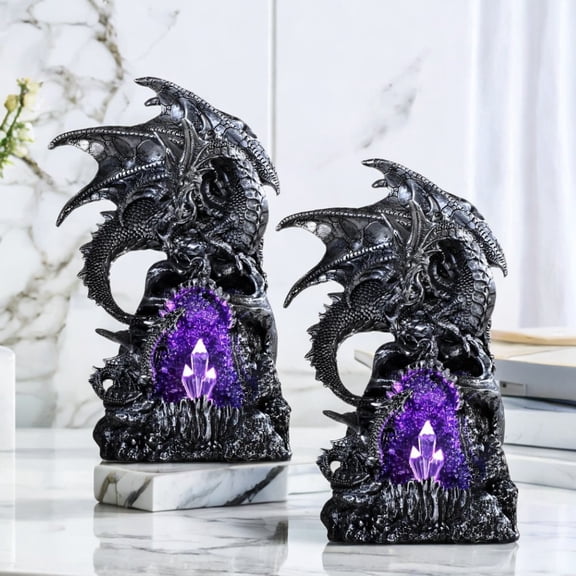 2-PC Medieval Silver Dragon Guarding Purple LED Crystal Cave Figurine Set, 11"H Resin Statue for Home, Office, Bookshelf, Gift for Housewarmings, Holidays, Birthdays