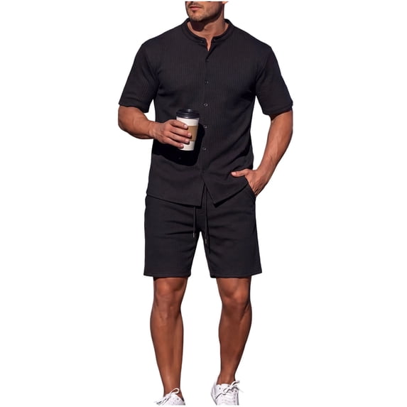 2 PC Outfit Set for Men Collared Short Sleeve Button Down Shirt and Drawstring Shorts Casual Summer Ribbed Outfit Sets Black M