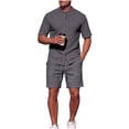 thumbnail image 1 of 2 PC Outfit Set for Men Collared Short Sleeve Button Down Shirt and Drawstring Shorts Casual Summer Ribbed Outfit Sets Gray S, 1 of 8