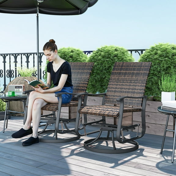 2-PC Patio Glider Chairs, Brown PE Rattan & Steel Swivel Gliding Motion, 360 Movement, High Back Comfort, 265 lbs Capacity, Outdoor Garden Balcony Seating