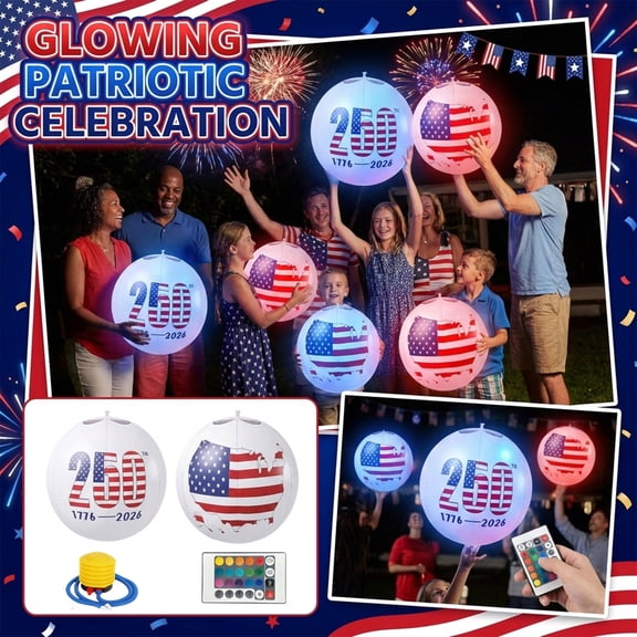 2 PC Patriotic Solar LED Floating Pool Lights Inflatable 16" Color Changing Glow Balls with Remote IP68 Waterproof Solar Pool & Garden Lights for July 4th USA 250th Anniversary Decor.B