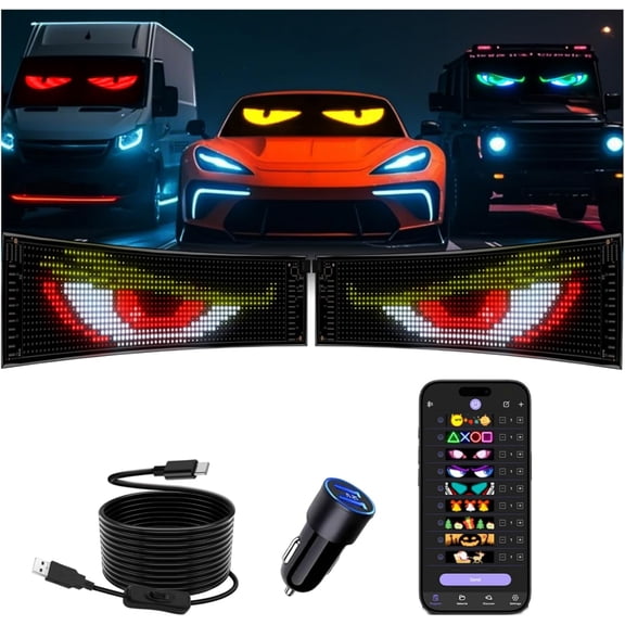 SuperRGB 2PCS 13.6"x3.9"(20x64px) Programmable Hard LED Car Sign Dynamic Devil Eyes APP & Remote Control RGB Windshield Display for Trucks, SUVs, Advertising