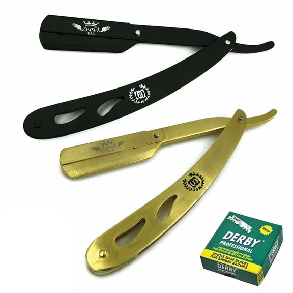 2 PC SMART CUT THROAT BARBER SALON STRAIGHT RAZORS + 100 BLADES GOLD BLACK RASOI