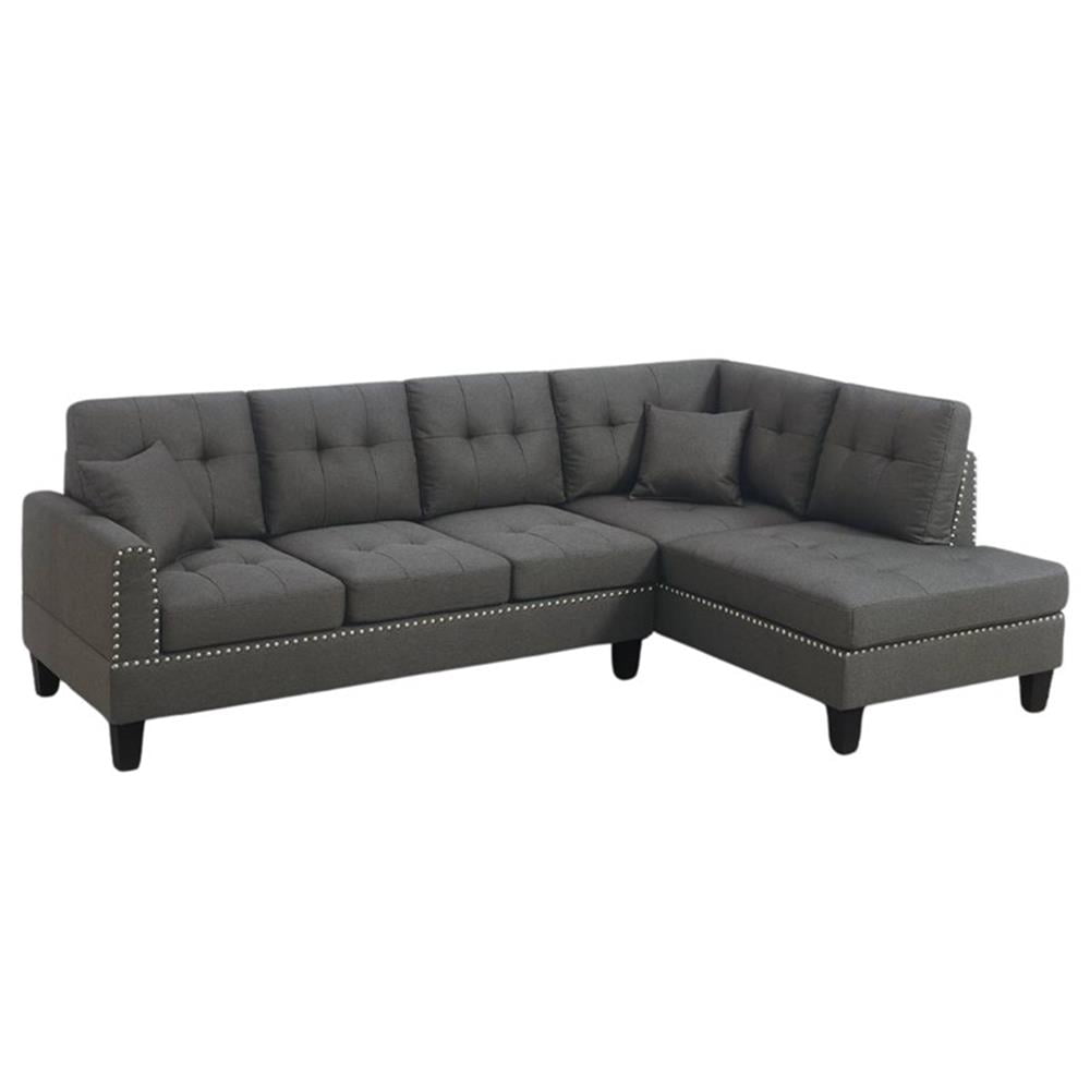 Dark Coffee Tufted Linen Two-Piece Sectional Sofa with Nailhead Trim