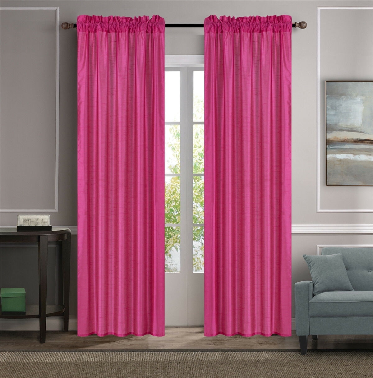 MR2 2-PC Set Hot Pink Faux Silk Window Curtains for Living Room