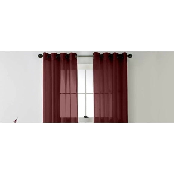 2-PC Set Ruby Burgundy Solid Sheer Panels Faux Silk with Grommets Window Curtain Treatment Panel See Thru size 55" Wide x 36" Long (Each)