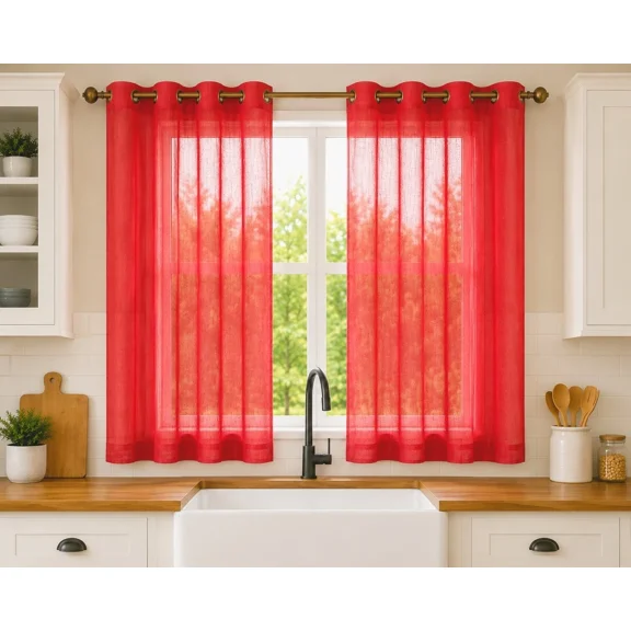 Gorgeous Home Linen 2-Piece Red Solid Sheer Voile Grommet Window Curtain Panels, 52" W x 36" L Each Panel