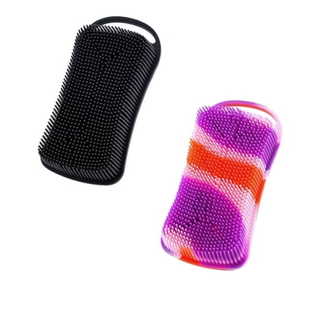 2 PC Silicone Exfoliating Body Scrubber, 2 in 1 Silicone Body Shampoo Brush, Soft Silicone Loofah for Sensitive Skin, Shower Silicone Hair Scalp Massager, Easy to Clean, Lather Well,black + orange