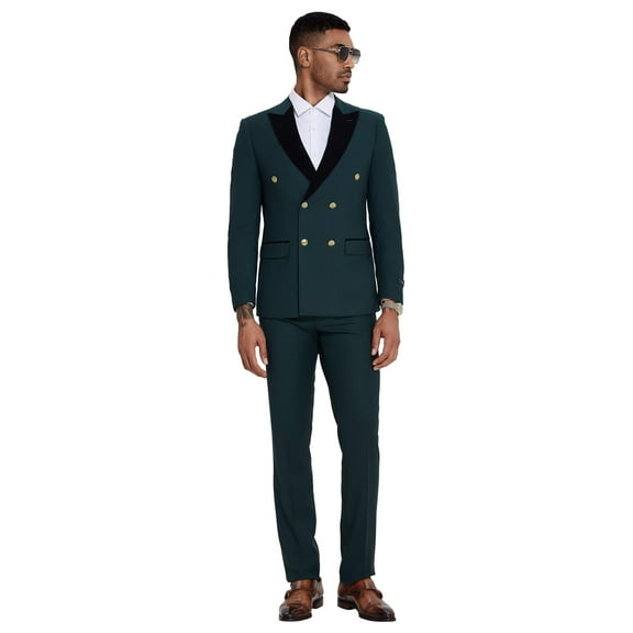 2 PC Solid Satin Peak Lapel Double Breasted Suit