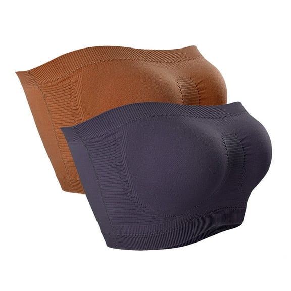 2 PC Strapless Wireless Bras for Women Comfort Bandeau Ribbed Tube Top Bralette Stretch Full Coverage Padded Push Up Bra, Gray