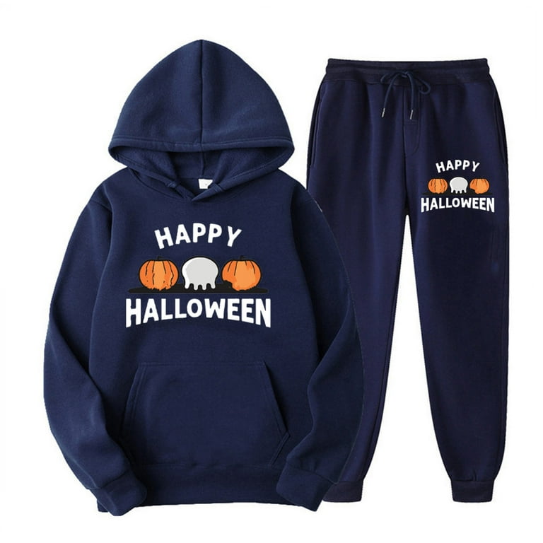 2 PC Sweatsuit Set for Women Plus Size Halloween Cute Graphic Hoodie Sweatshirt Matching Sweatpants Tracksuit Casual Set Navy 1 M