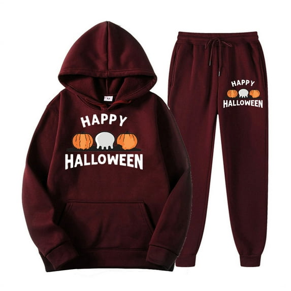 2 PC Sweatsuit Set for Women Plus Size Halloween Cute Graphic Hoodie Sweatshirt Matching Sweatpants Tracksuit Casual Set,Wine 1,M