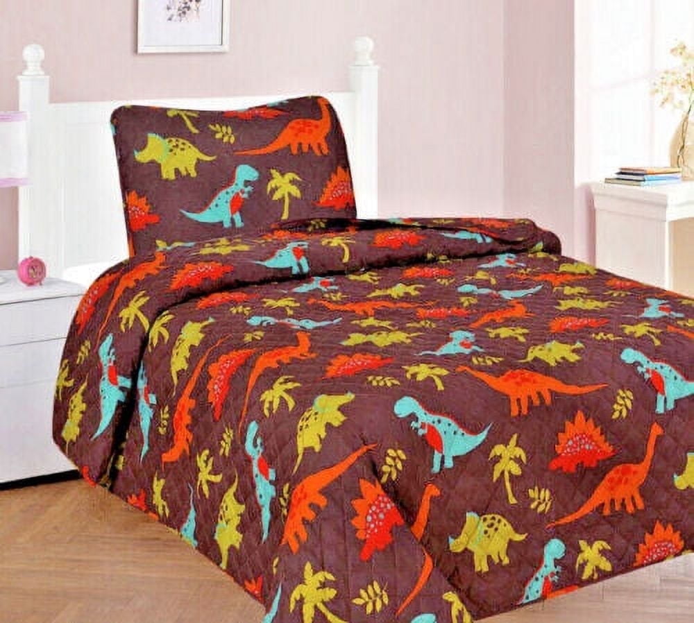 2-PC TWIN DINOSAUR Kids Microfiber Bedding Quilt Set, 1 Print Quilted Coverlet with 1 Matching Pillow Sham Included