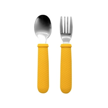 2 PC Toddler Forks and Spoons, Kids Silverware with Silicone Handle, Perfect Length for Baby Spoons Self Feeding, Stainless Steel Cutlery