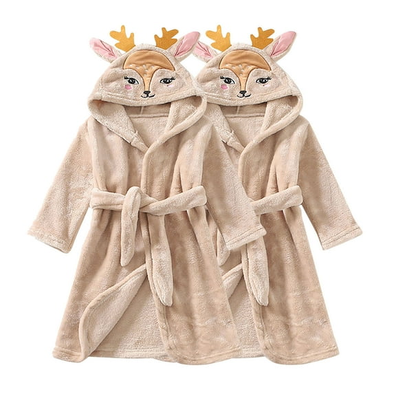 2 PC Toddler Robe Boys Girls Hooded Flannel Bathrobe Long Sleeve Soft Fleece Plush Robes Cute Animal Pajamas Sleepwear, Brown, 3 Years