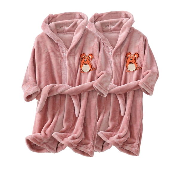 2 PC Toddler Robe Boys Girls Hooded Flannel Bathrobe Long Sleeve Soft Fleece Plush Robes Cute Animal Pajamas Sleepwear, Pink, 6 Years