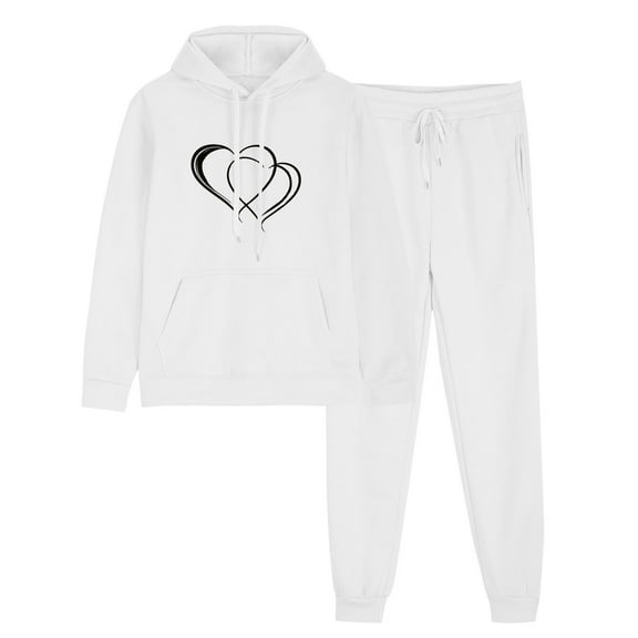 2 PC Tracksuit Set Men Women Casual Loose Long Sleeve Hoodie Sweatsuit Sets Print Pullover Sweatshirt Joggers Sweatpants Set,White 2,L