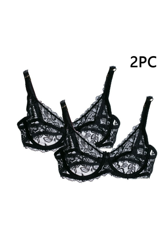 2 PC Women's Lace Bralette See Through Sexy Minimizer Bra Plus Size Sheer Underwire Brassiere Push Up Balconette Bras