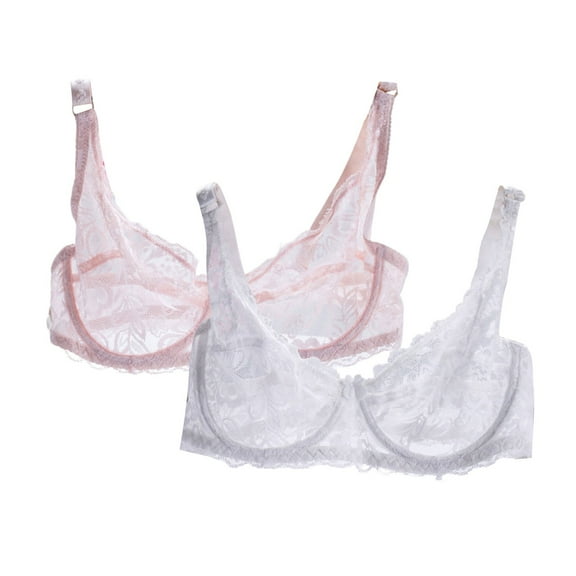 2 PC Women's Lace Bralette See Through Sexy Minimizer Bra Plus Size Sheer Underwire Brassiere Push Up Balconette Bras