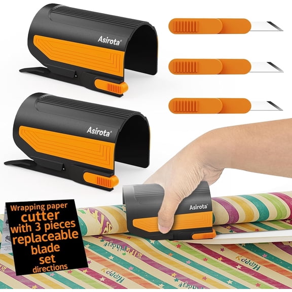 2 PC Wrapping Paper Cutter with 3 Replaced Blade, Adapt for Any Diameter Roll, Antislip Silicone Hold Touch Surface, Cut Efficient Straight Easily & Safely on Chrisas