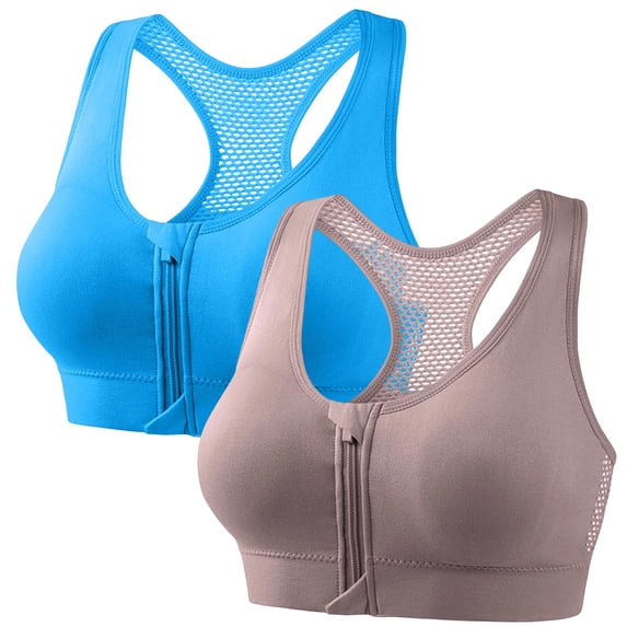 2 PC Zip Front Bras Women Wireless Breathable Racerback Sports Bra Push up Workout Tank Top