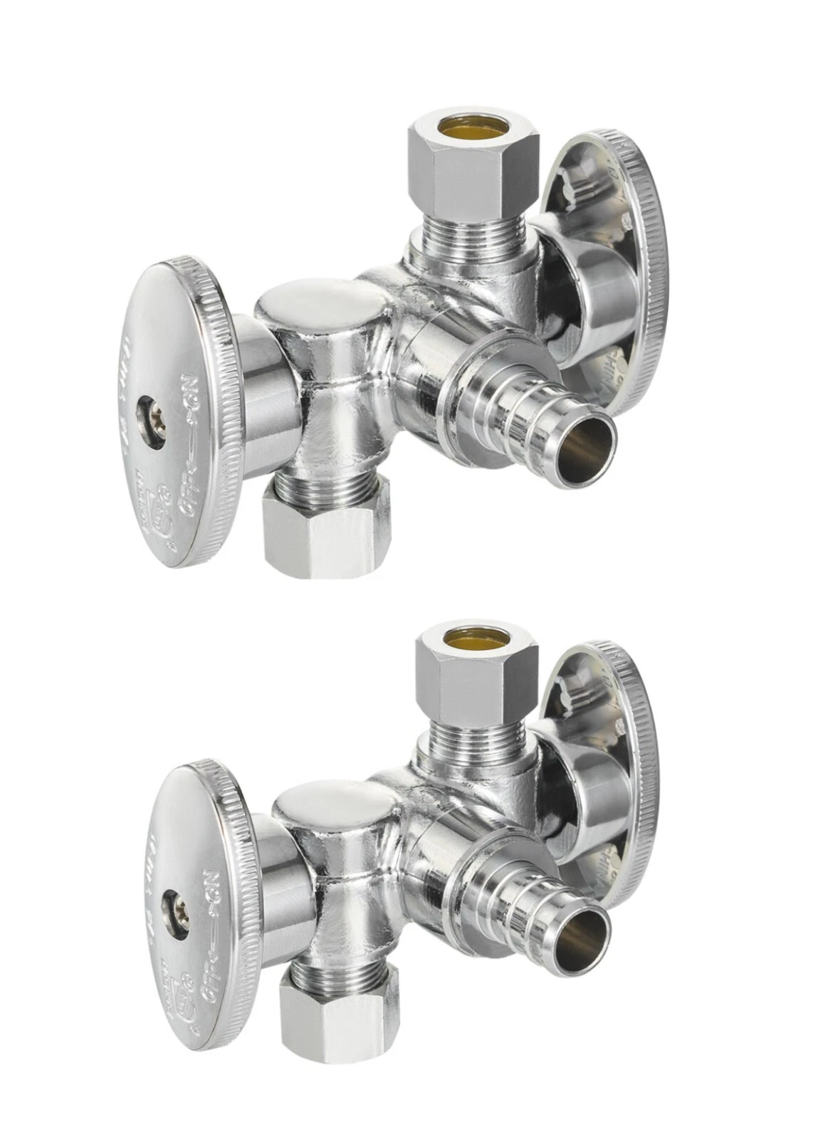 EFIELD Dual Compression Outlet Angle Stop Valve – 1/2" FIP Inlet X 3/8" X 3/8" Outlet, Brushed Chrome, 2-Pack