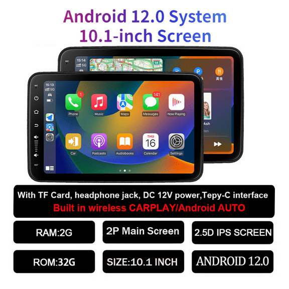 2 PCS) 10.1'' Headrest Monitor Wireless Carplay Android 12 2G+32G Auto Car Rear Seat Video Player FM Bluetooth AirPlay Input Full Touch Screen
