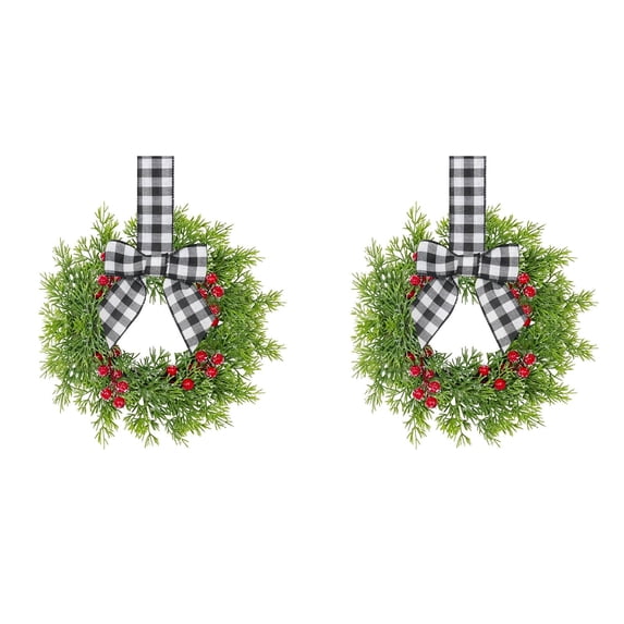 2 PCS 10.6 Inch Fall Norfolk Pine Wreaths for Cabinets, Rustic Wreath with Red Berries & Black White Buffalo Plaid Bow, Farmhouse Thanksgiving Wreath for Fireplace Indoor Outdoor Home Decor