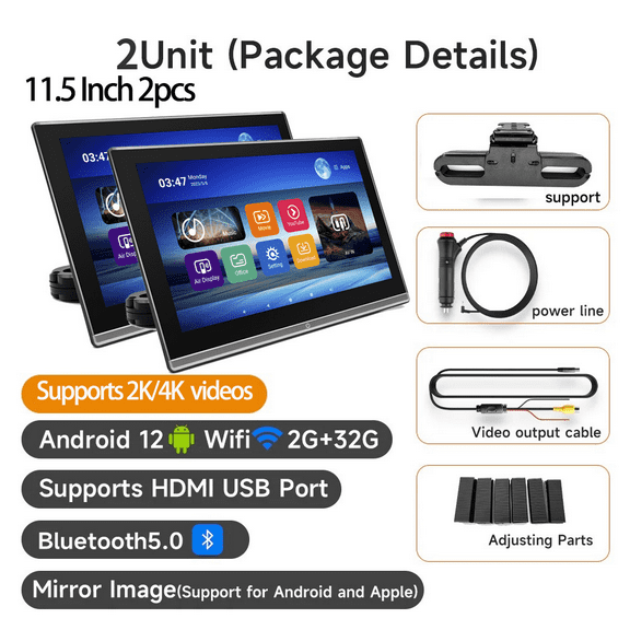 (2 PCS) 11.5 Car Headrest Monitor Display IPS Android 12 2G+32G Touch Screen For Car Rear Seat Player Video Music FM BT AirPlay Dual HDMI
