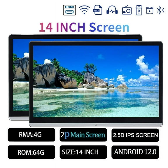 2-PCS 14 inch Car Headrest Monitor Display IPS Android 12 4G+64G Touch Screen For Car Rear Seat Player Video Music FM BT AirPlay Dual HDMI