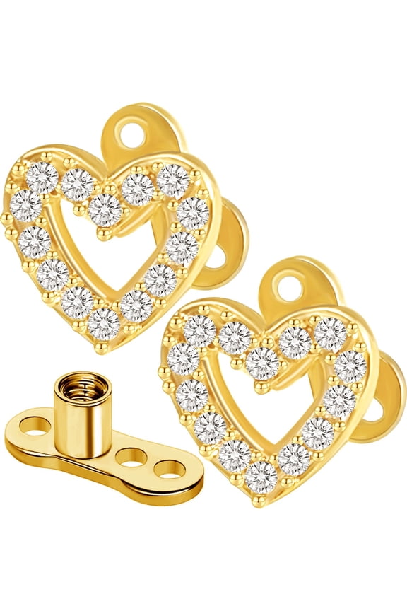 2 PCS 14G Cubic Zirconia Dermal Anchor Tops and Base Golden Surgical Titanium Steel Microdermals Studs Internally Threaded Surface Skin Body Piercings for Women Men Jewelry Gift