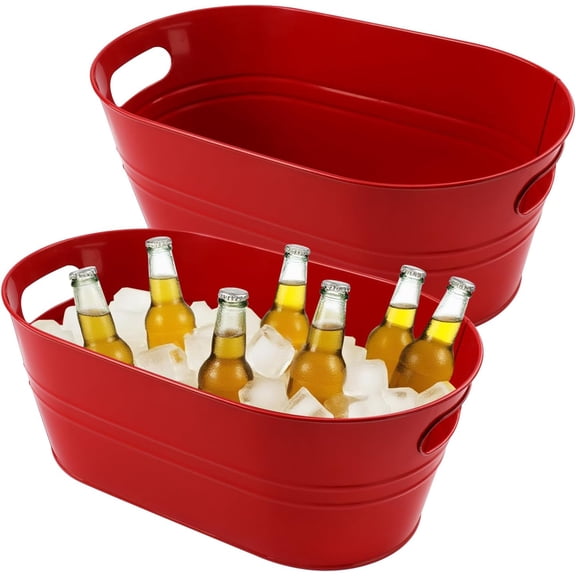 2 PCS 15.3 x 9 x 6 inches Red Metal Galvanized Tub with Handles, 3 Gallon Galvanized Beverage Tubs for Parties, Large Metal Drink Ice Buckets for Beer, Wine, Cocktails & Outdoor Events