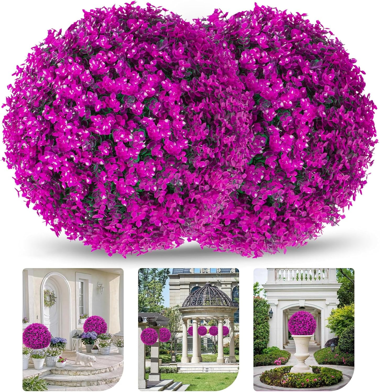 2 PCS 16 Inch Artificial Plant Purple Eucalyptus Topiary Ball, Anti-Fading Faux Decorative Boxwood Balls, Hanging Fake Plants Balls for Garden, Wedding Party, Patio Indoor Outdoor Decor