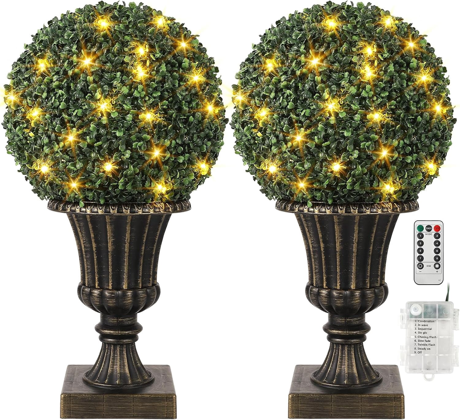 2 PCS 16 inch Artificial Plant Topiary Balls,Faux Boxwood Decorative Balls with Sturdy Pot Base,Pre-Lit Waterproof Fake Greenery Plants Ball for Backyard Garden Wedding Home Decor