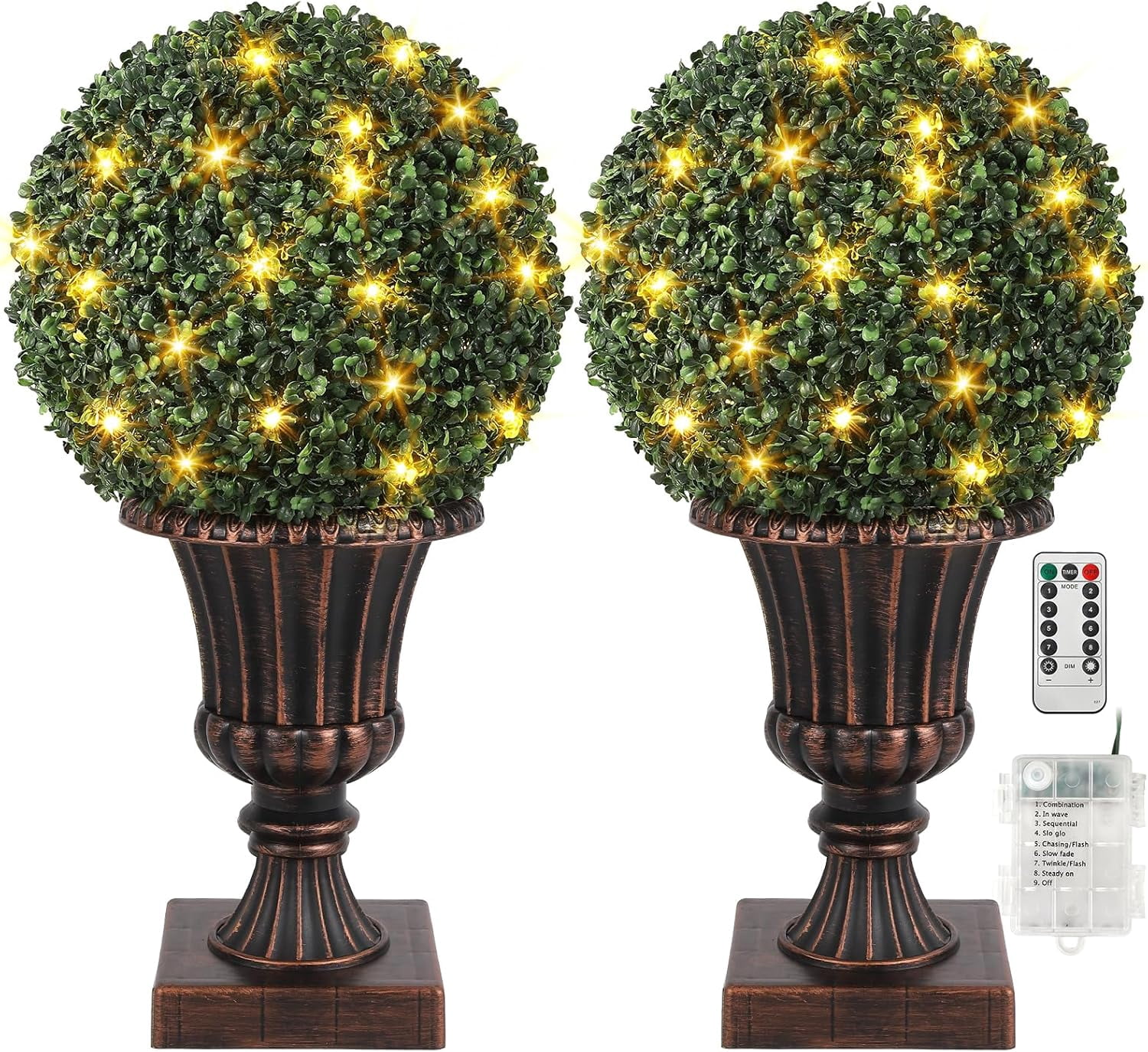 2 PCS 16 inch Artificial Plant Topiary Balls,Faux Boxwood Decorative Balls with Sturdy Pot Base,Pre-Lit Waterproof Fake Greenery Plants Ball for Backyard Garden Wedding Home Decor