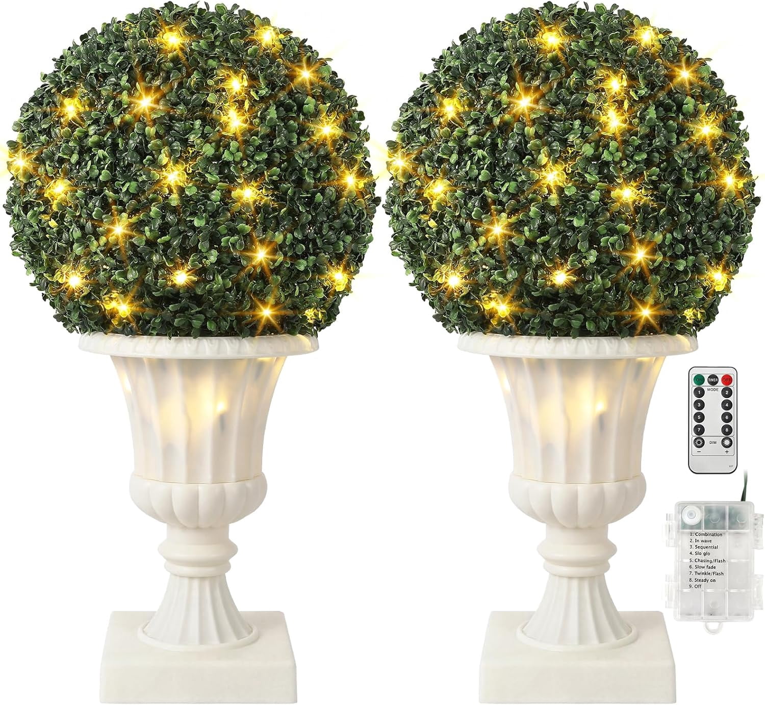 2 PCS 16 inch Artificial Plant Topiary Balls,Faux Boxwood Decorative Balls with Sturdy Pot Base,Pre-Lit Waterproof Fake Greenery Plants Ball for Backyard Garden Wedding Home Decor