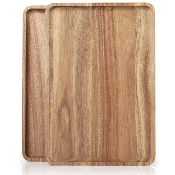 2 PCS 16 x 12 in Large Solid Acacia Wood Serving Trays Rectangular Wooden Serving Platters Natural Wooden Boards for Bar Coffee PartyWood Log Color A101