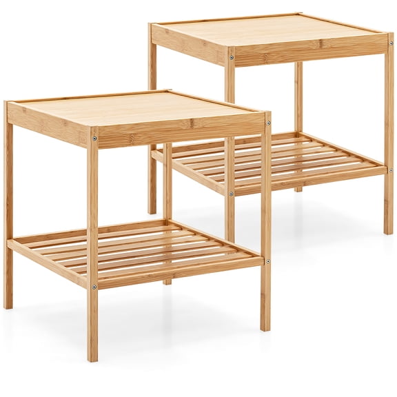 2 PCS 2-Tier Bedside End Table Bamboo Nightstand for Living Room Bedroom