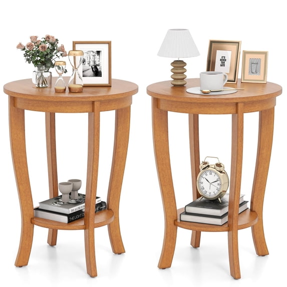 2 PCS 2-Tier Durable End Table 18" Round Compact Sofa Side Nightstand w/ Storage Shelf