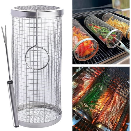 [2 PCS] 2023 New Rolling Grill Baskets for Outdoor Grill BBQ Grill Basket - Grilling Accessories for Outdoor Grill Stainless Steel Grill Baskets for Fish, Shrimp, Meat, Vegetables, French Fries