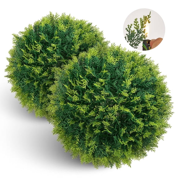 2 PCS 23" Artificial Plant Topiary Ball, Cypress Faux Balls with LED String Light, Fire-Retardant Faux Plants for Outdoor Decor, Porch, Patio and Wedding, Garden Spheres